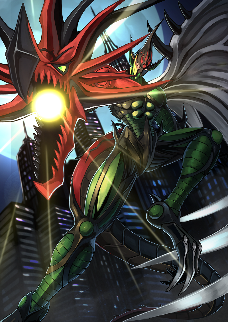 1boy abs building city duel_monster elemental_hero_flame_wingman energy_ball moon no_humans pointy_ears single_wing skyscraper solo tail talons tesshii_(riza4828) wings yu-gi-oh! yu-gi-oh!_gx