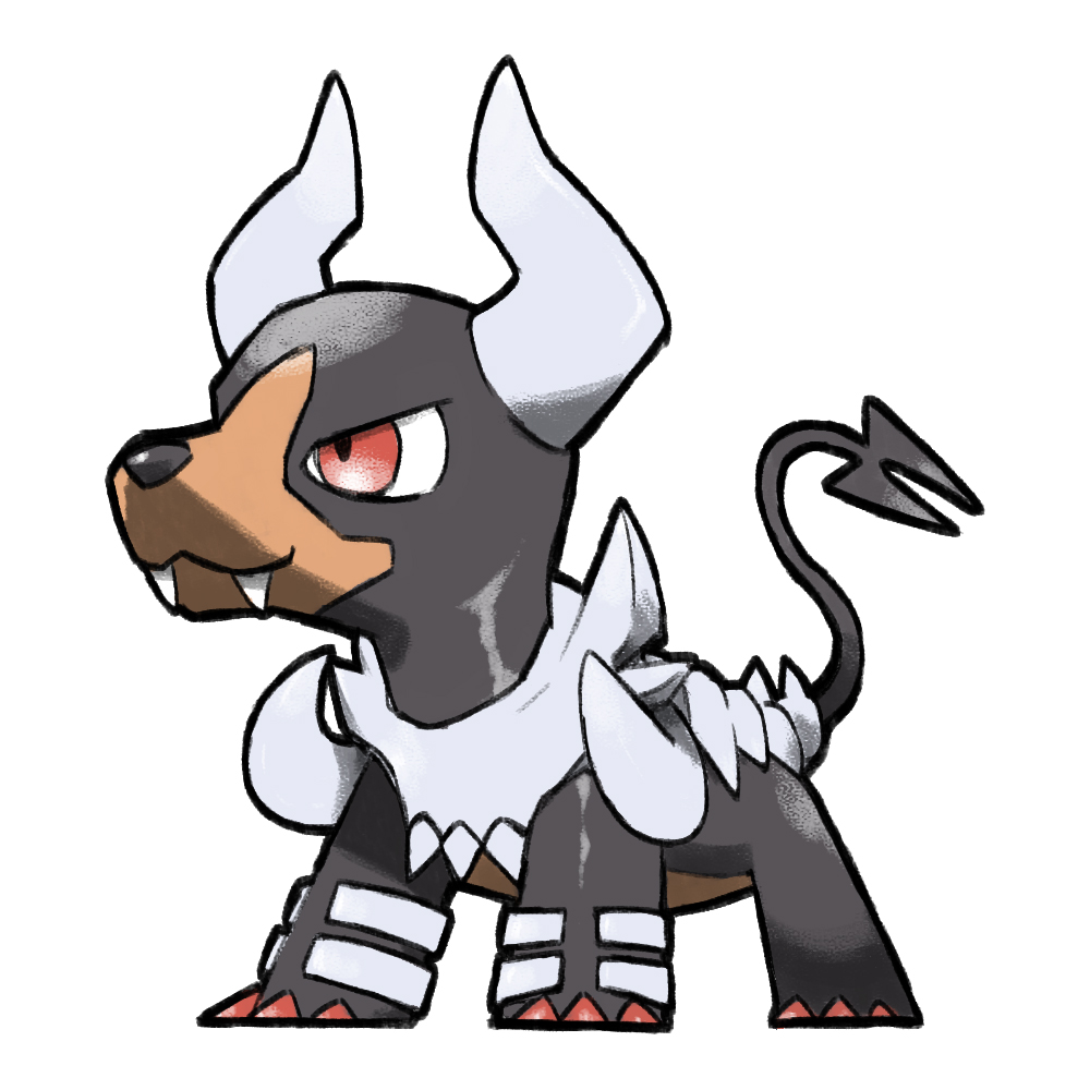 blacknirrow chibi closed_mouth demon_horns demon_tail fangs full_body gen_2_pokemon horns houndoom mega_houndoom mega_pokemon nintendo no_humans pokemon pokemon_(creature) pokemon_focus red_eyes simple_background solo tail white_background