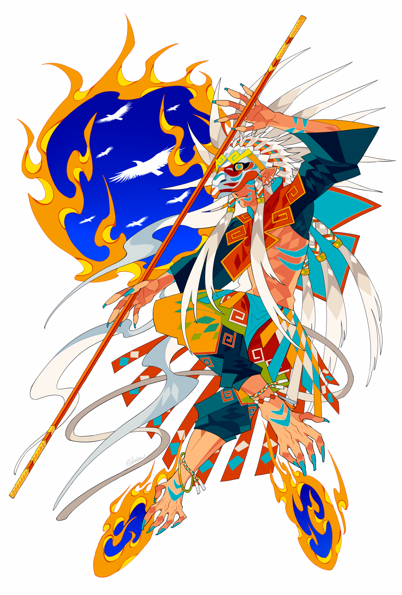 1boy animal anklet bird bodypaint chinese_zodiac commentary_request crop_top edarow fingernails fire full_body headdress highres holding holding_staff jewelry long_fingernails long_hair male_focus monkey_boy monkey_hat monkey_tail original pointy_ears prehensile_feet solo staff tail very_long_hair white_hair year_of_the_monkey