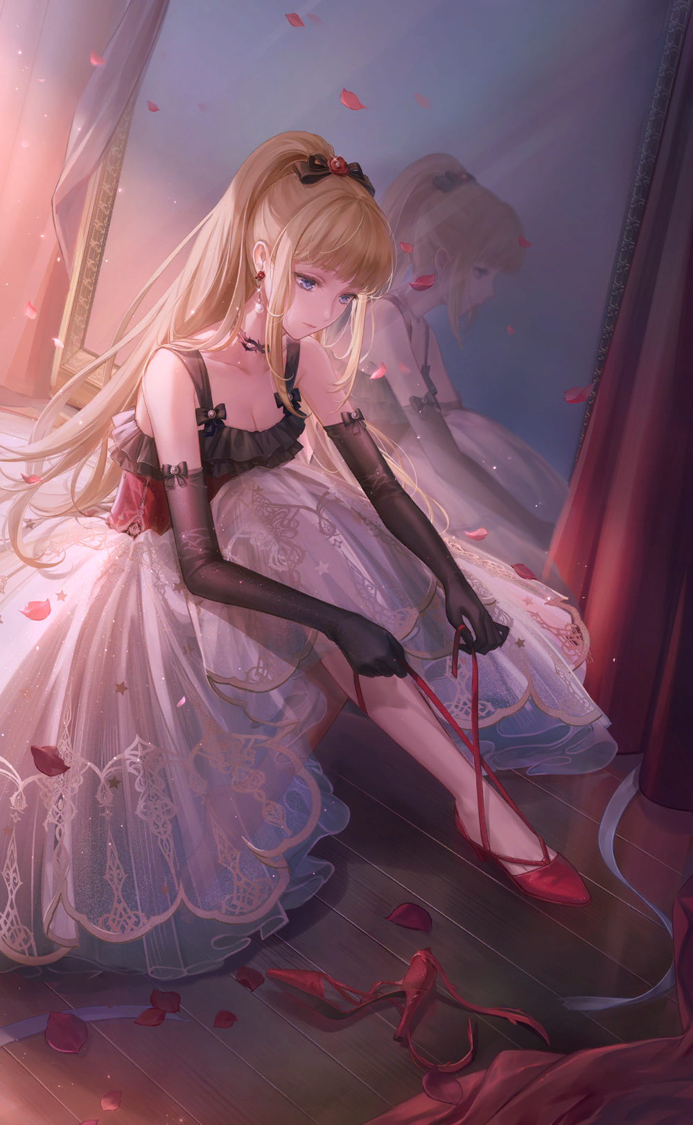 1girl arm_bow artist_request bare_shoulders black_bow black_choker black_gloves blonde_hair blue_eyes blunt_bangs bow choker closed_mouth curtains dress earrings elbow_gloves footwear_ribbon frilled_dress frills full-length_mirror full_body game_cg gloves hair_bow high_heels high_ponytail highres holding holding_ribbon indoors jewelry liese&#039;s_dress_(shining_nikki) light_particles light_rays long_dress long_hair looking_at_foot mirror nikki_(series) official_art petals pleated_dress ponytail pumps red_dress red_ribbon red_shoes reflection ribbon rose_petals serena_(shining_nikki) shining_nikki shoes sidelocks sitting sleeveless sleeveless_dress solo sphere_earrings sunlight thorns two-tone_dress tying_footwear very_long_hair white_dress