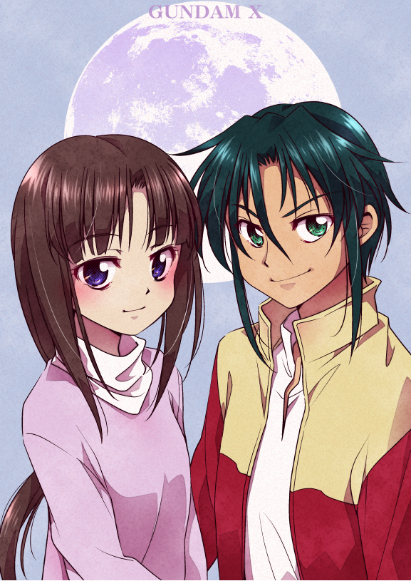 1boy 1girl after_war_gundam_x brown_hair commentary copyright_name couple english_text full_moon garrod_ran green_eyes green_hair gundam jacket long_hair looking_at_viewer low_ponytail moon ponytail purple_eyes short_hair sidelocks smile tiffa_adill tommy_region upper_body