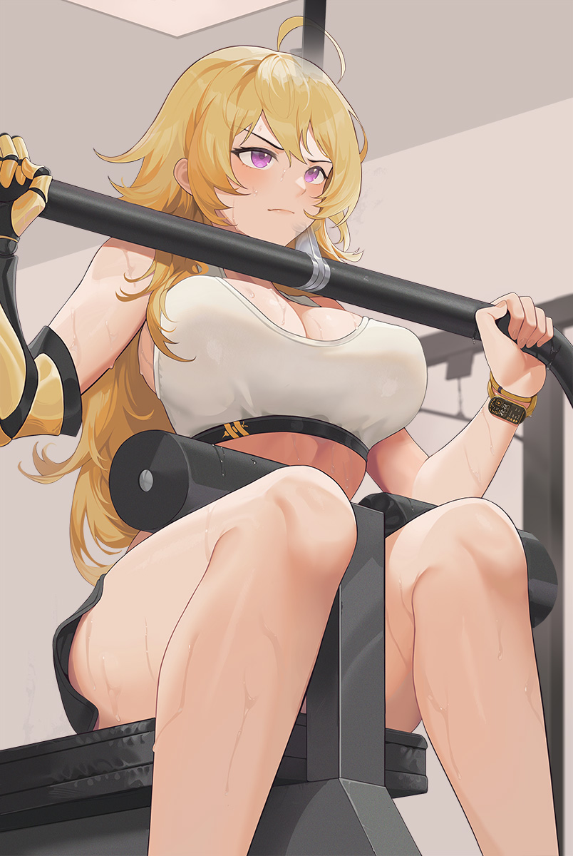 1girl ahoge bare_legs black_shorts blonde_hair blush breasts cleavage closed_mouth exercising feet_out_of_frame gauntlets highres indoors large_breasts long_hair purple_eyes rwby short_shorts shorts single_gauntlet sitting solo sports_bra sweat training v-shaped_eyebrows very_long_hair wangxiii wristband x-ray yang_xiao_long