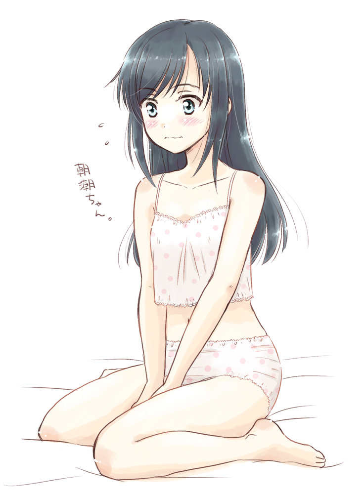 1girl arms_between_legs asashio_(kancolle) bare_shoulders bed_sheet black_hair blue_eyes blush breasts camisole closed_mouth collarbone commentary_request crop_top flying_sweatdrops full_body kantai_collection long_hair looking_down midriff multi-source_commentary navel partial_commentary pink_camisole pink_shorts polka_dot polka_dot_camisole polka_dot_shorts shorts sitting small_breasts solo spaghetti_strap swept_bangs takahashi_mugi thighs translated v_arms wariza white_background