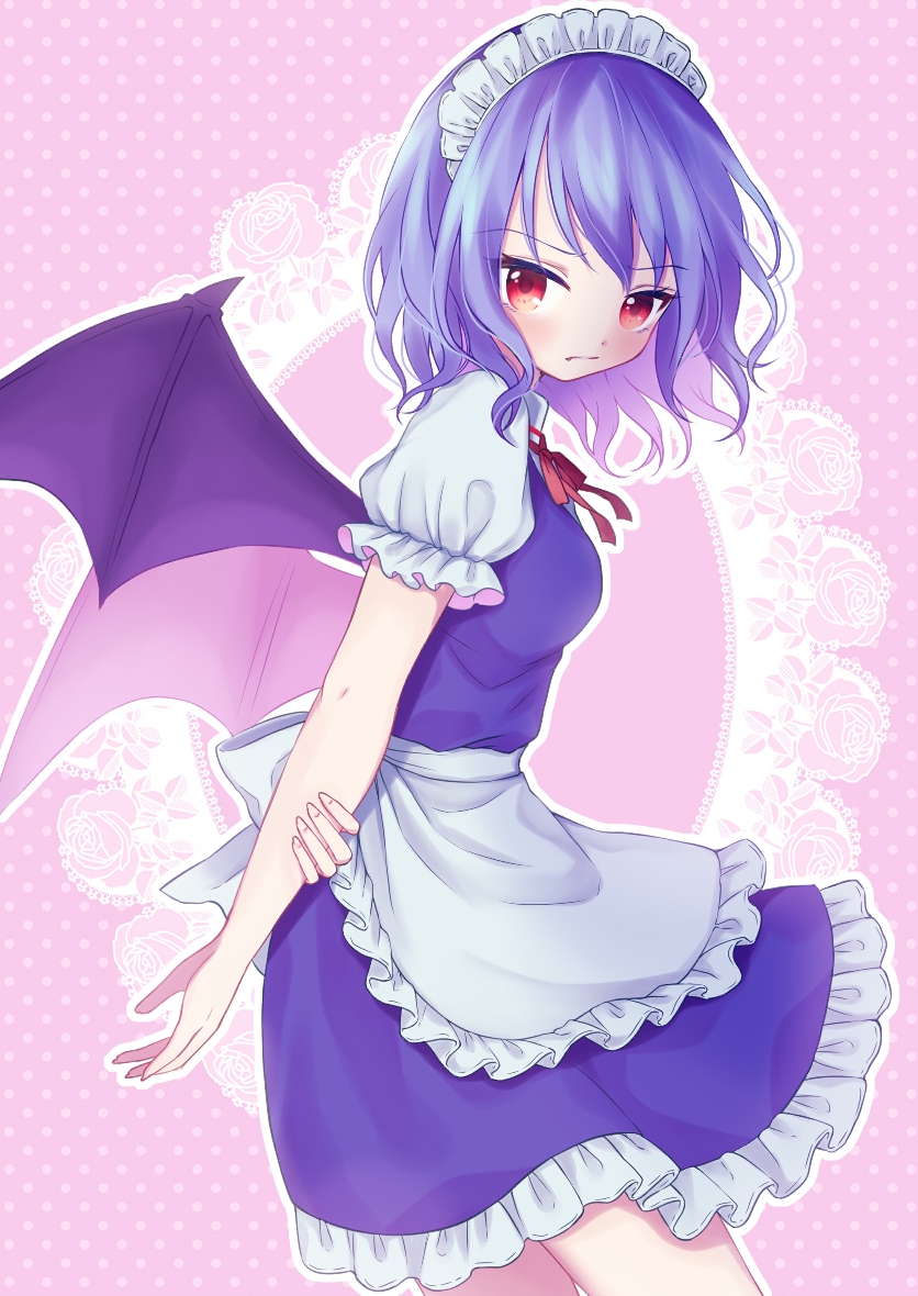 1girl alternate_costume apron bat_wings dress fang female_focus frilled_apron frills looking_at_viewer looking_to_the_side maid_apron maid_headdress neck_ribbon pink_background puffy_short_sleeves puffy_sleeves purple_dress purple_hair red_eyes remilia_scarlet ribbon rnkgmn short_hair short_sleeves solo touhou waist_apron wings