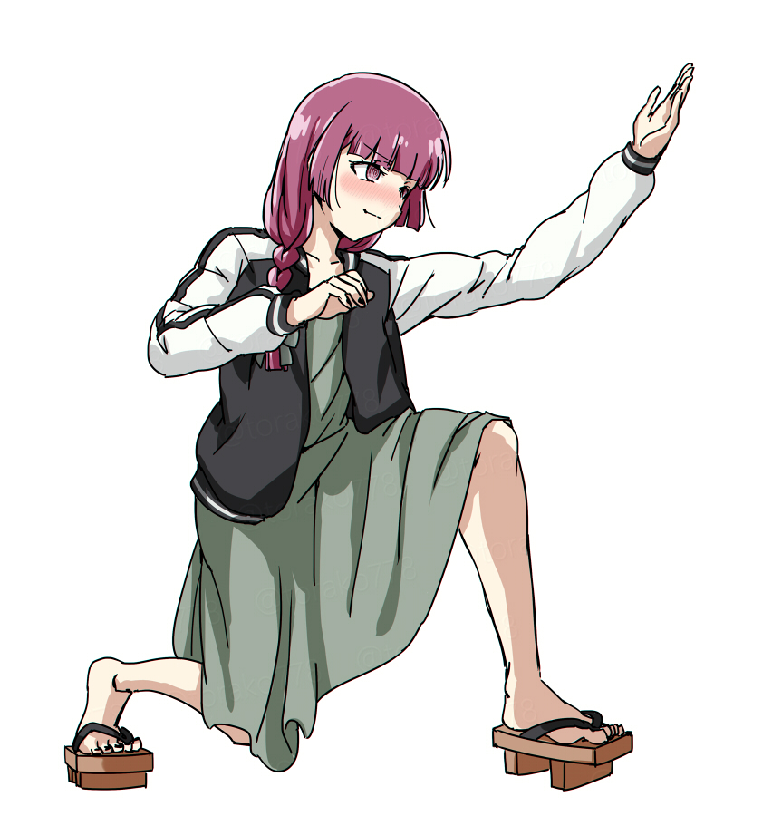 1girl @_@ black_jacket black_nails blush bocchi_the_rock! bow dress fighting_game fingernails full_body geta green_bow green_dress hair_bow hair_over_shoulder hiroi_kikuri hokuto_no_ken hokuto_no_ken:_shinpan_no_sousousei_kengou_retsuden jacket long_hair long_sleeves low-braided_long_hair low-tied_long_hair medium_dress multicolored_jacket nail_polish nose_blush open_clothes open_jacket pink_eyes pink_hair simple_background solo toenail_polish toenails toki_(hokuto_no_ken) torako_(toramaru) twitter_username two-tone_jacket watermark white_background white_jacket