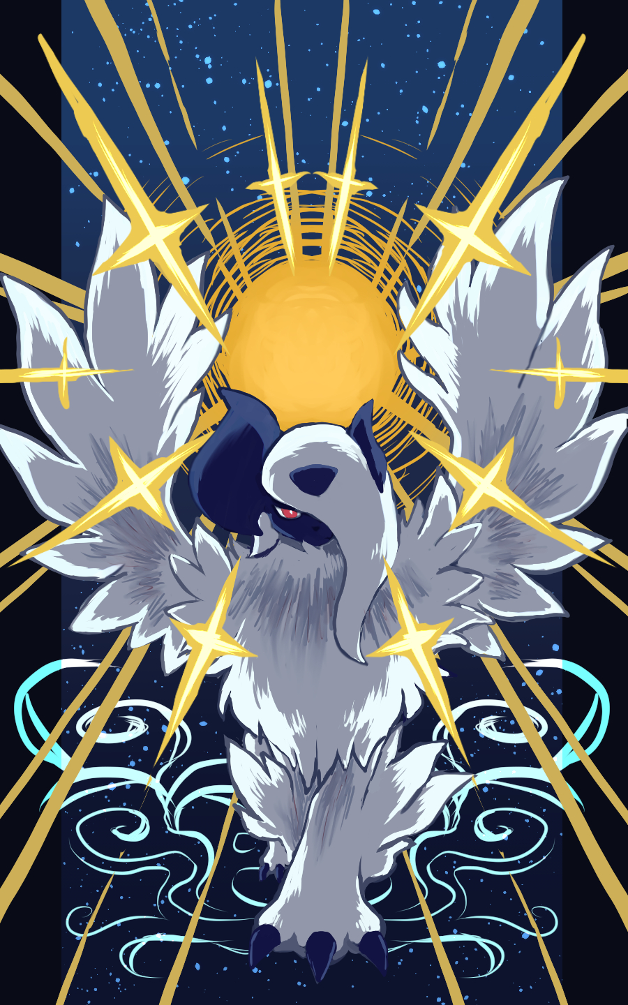 7_phi_3 absol bright_pupils claws feathered_wings feathers gen_3_pokemon highres horns long_hair looking_at_viewer mega_absol mega_pokemon moon night nintendo pokemon pokemon_(creature) red_eyes solo white_hair white_pupils wings