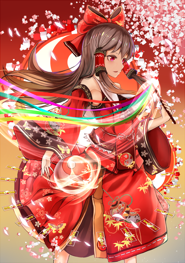 1girl bow brown_hair detached_sleeves female_focus floral_print hair_bow hair_tubes hakurei_reimu long_hair looking_to_the_side radiosity_(yousei) red_eyes ribbon sidelocks solo standing touhou yin_yang
