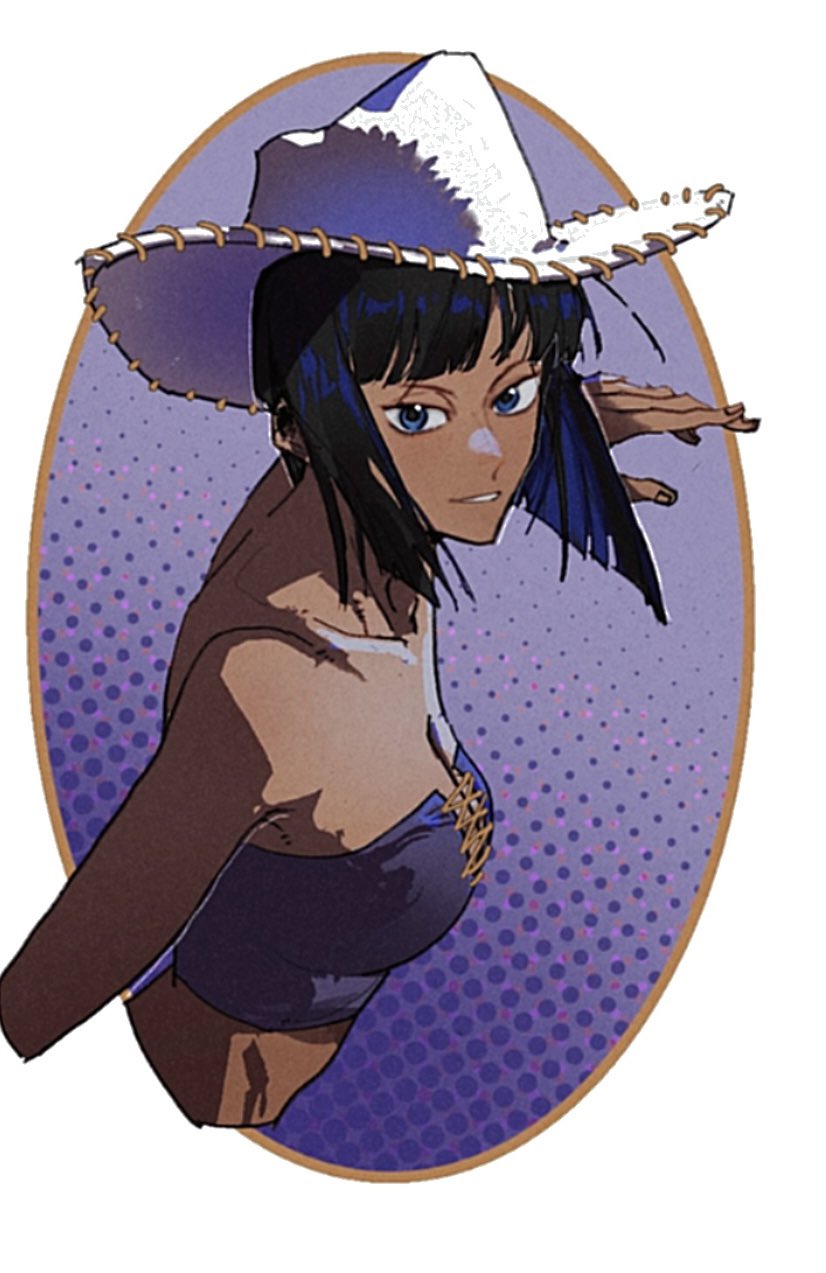 1girl bandeau bare_shoulders black_hair blue_eyes blunt_bangs commentary cowboy_hat cropped_arm cropped_torso cross-laced_clothes cross-laced_top hat highres looking_at_viewer medium_hair midriff nico_robin nico_robin_(alabasta) one_piece onecata11 profile purple_background purple_bandeau smile solo upper_body white_hat