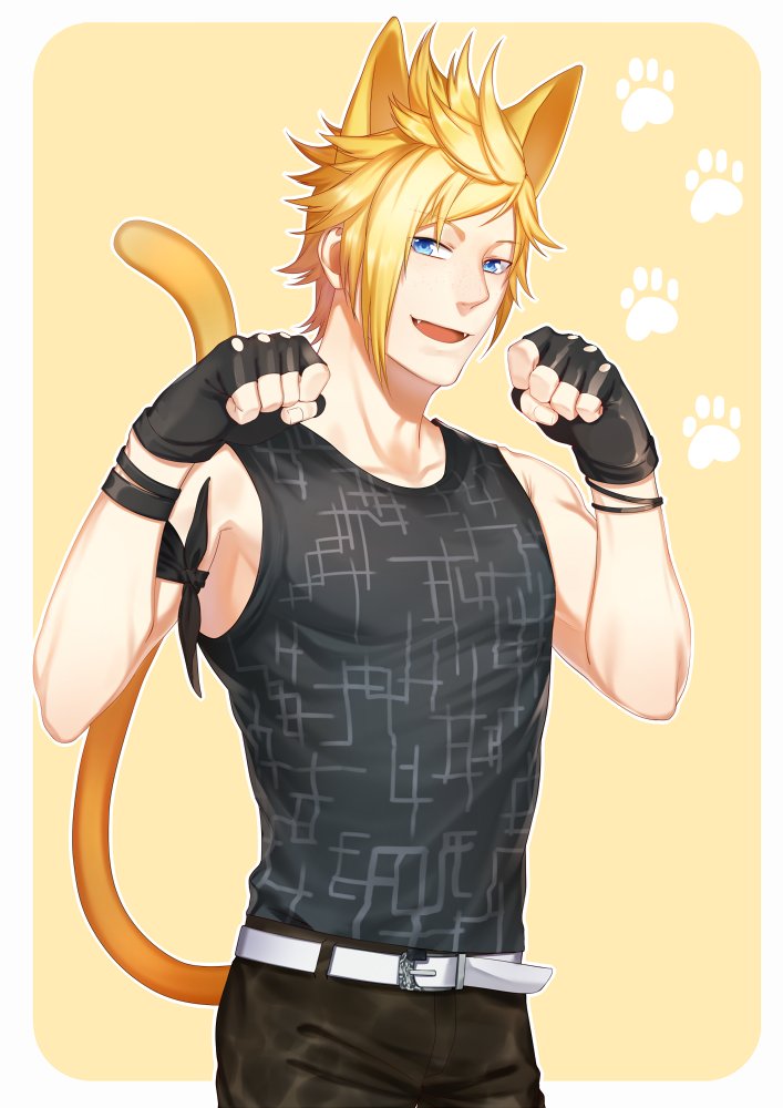 1boy animal_ears belt black_gloves black_pants black_tank_top blonde_hair blue_eyes cat_boy cat_ears cat_tail fangs final_fantasy final_fantasy_xv fingerless_gloves gloves male_focus noctis_lucis_caelum open_mouth pants short_hair simple_background solo tail tank_top white_belt yellow_background yellow_tail zhineart