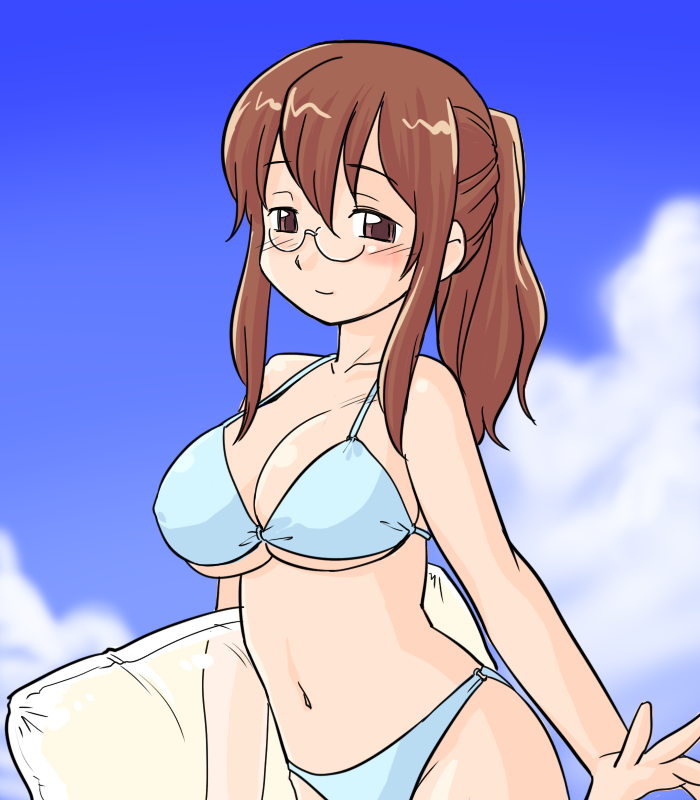 1girl artist_request bare_arms bare_shoulders bikini blue_bikini blue_sky blurry blurry_background breasts brown_eyes brown_hair check_artist cleavage closed_mouth cloud collarbone day futaba_channel glasses hair_between_eyes hinemosu_notari large_breasts long_hair navel nemui nijiura_maids outdoors pince-nez ponytail sky smile solo swimsuit tareme third-party_source underboob