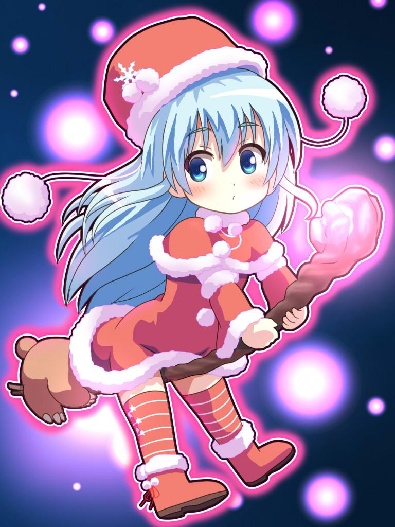 1girl awa blush boots character_request christmas dress full_body fur_trim hat long_hair red_boots red_hat santa_costume sennen_sensou_aigis skin_tight solo striped thighhighs