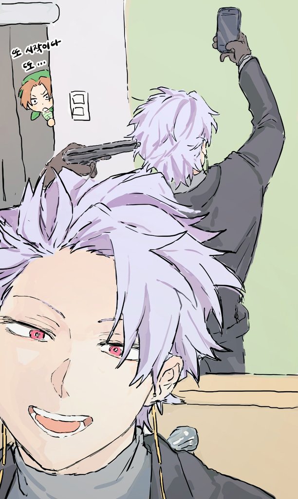 1boy 1girl annie_(saibou_shinkyoku) black_jacket black_pants bright_pupils brown_gloves commentary_request earrings gigantea_pp gloves grey_sweater gun gun_to_head holding holding_gun holding_phone holding_weapon indoors jacket jewelry korean_commentary korean_text male_focus open_mouth orange_hair pants parted_bangs phone purple_hair red_eyes saibou_shinkyoku selfie shirt short_hair smile striped_clothes striped_shirt sweater theodore_riddle translation_request turtleneck turtleneck_sweater weapon white_pupils