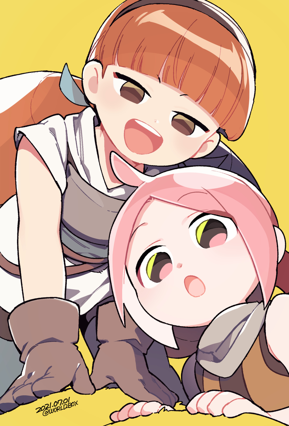 2girls blunt_bangs brown_eyes brown_gloves brown_hair brown_hairband dated gloves hairband highres looking_at_viewer luo_xiaobai multiple_girls open_mouth pink_hair shanxin_(the_legend_of_luoxiaohei) short_sleeves simple_background sleeveless luo_xiaohei_zhanji twitter_username upper_body vox yellow_background