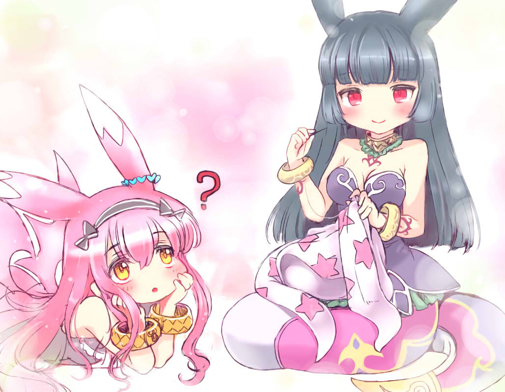 2girls ? ajitarou_(setsu) bare_shoulders black_hair bracelet breasts demon_wings emil_chronicle_online hairband hand_on_own_cheek hand_on_own_face jewelry lamia medium_breasts mitama_nanai monster_girl multiple_girls pink_hair red_eyes sewing wings yellow_eyes