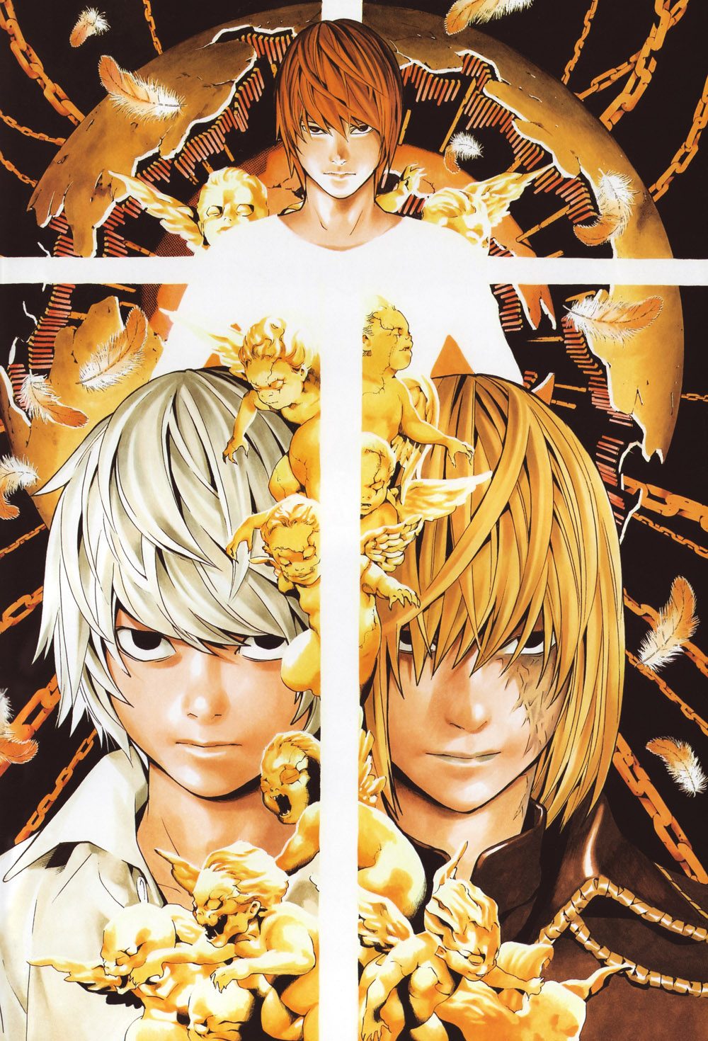 3boys angel blonde_hair bob_cut brown_hair chain cherub death_note feathered_wings feathers highres lips long_bangs mello_(death_note) multiple_boys near_(death_note) obata_takeshi official_art scar scar_on_face shirt tsurime underlighting white_hair white_shirt wings yagami_light