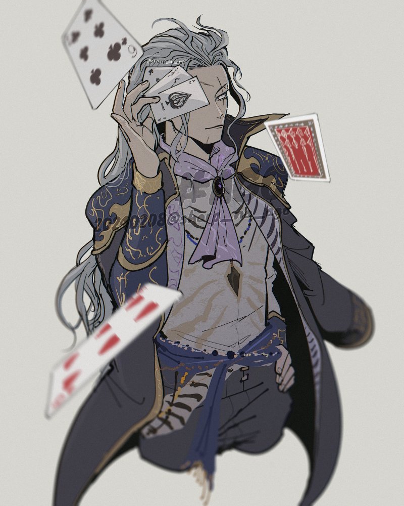 1boy ascot blue_ascot card closed_mouth cowboy_shot cropped_legs dated facial_scar final_fantasy final_fantasy_vi gold_trim grey_background grey_hair grey_jacket grey_pants hand_on_own_hip holding holding_card jacket long_hair male_focus multiple_scars one_eye_covered pants sash scar scar_on_cheek scar_on_chin scar_on_face scar_on_forehead setzer_gabbiani sharp_na_ago shirt solo twitter_username waist_sash wavy_hair white_shirt
