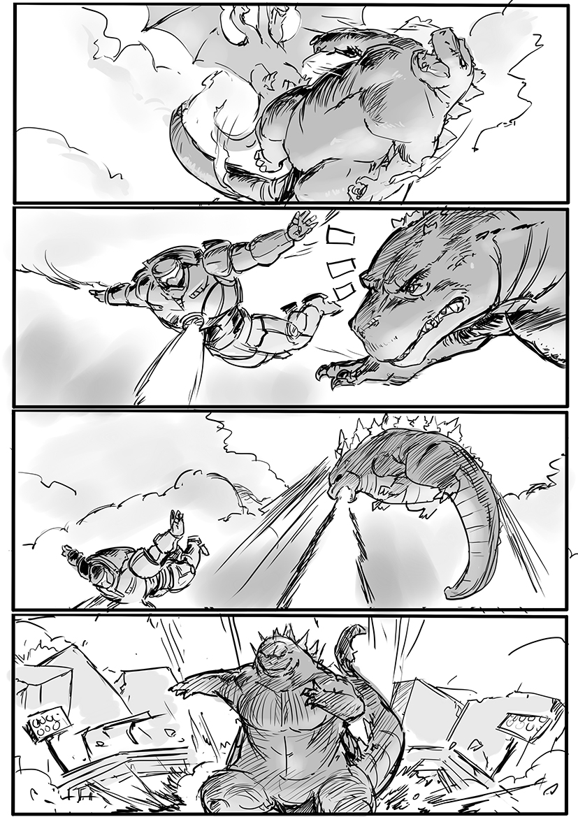 alien breath_weapon chest_beam cloud conjoined crossover destruction dinosaur dragon energy energy_beam falling flying gipsy_danger godzilla godzilla:_king_of_the_monsters godzilla_(series) hydra kaiju king_ghidorah landing legendary_pictures mecha monochrome monsterverse mouth_beam multiple_heads pacific_rim pandaneko8 robot spikes stadium tail toho wings