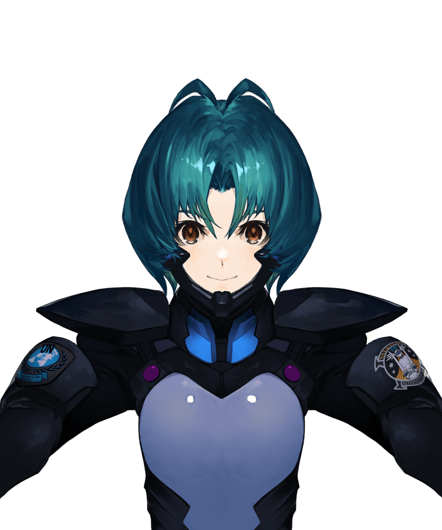 antenna_hair artist_request blue_hair brown_eyes eyebrows_hidden_by_hair flat_chest fortified_suit looking_at_viewer mecha_pilot_suit muv-luv muv-luv_alternative official_art parted_bangs pilot_suit project_mikhail short_hair skin_tight smile transparent_background upper_body yoroi_mikoto