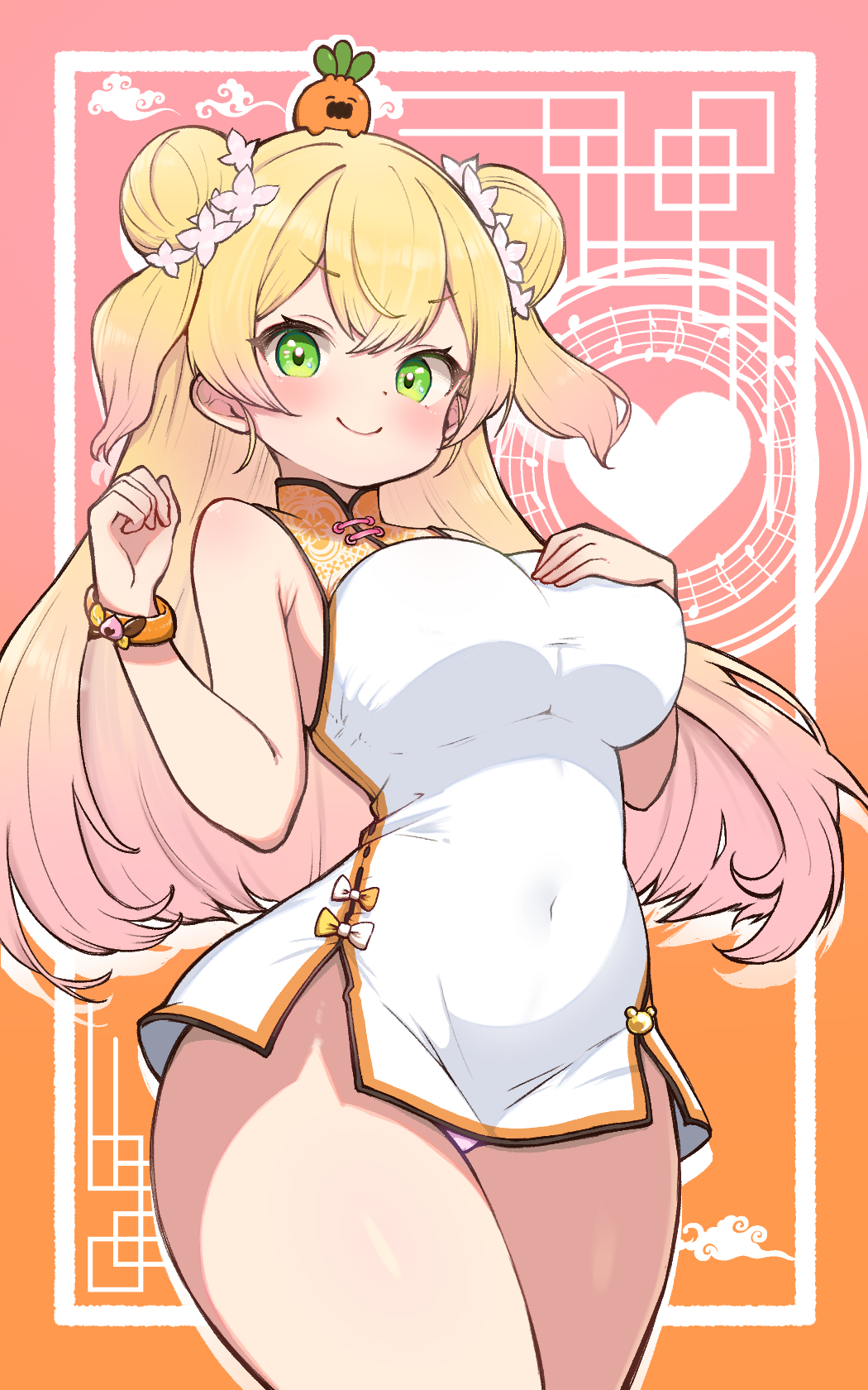 1girl armpit_crease bare_arms blonde_hair bow bowtie bracelet breasts cameltoe china_dress chinese_clothes closed_mouth commentary_request covered_navel cowboy_shot dot_nose double_bun dress drop_shadow floating_hair furrowed_brow gradient_hair green_eyes groin hair_between_eyes hair_bun hand_on_own_chest hands_up heart highres hololive impossible_clothes jewelry kani_bonara large_breasts light_blush long_hair looking_at_viewer momosuzu_nene momosuzu_nene_(1st_costume) multicolored_hair nekko_(momosuzu_nene) no_legwear panties panty_peek pink_hair pink_panties side_slit sidelocks simple_background smile smug solo standing taut_clothes taut_dress thighs two_side_up underwear very_long_hair virtual_youtuber white_dress
