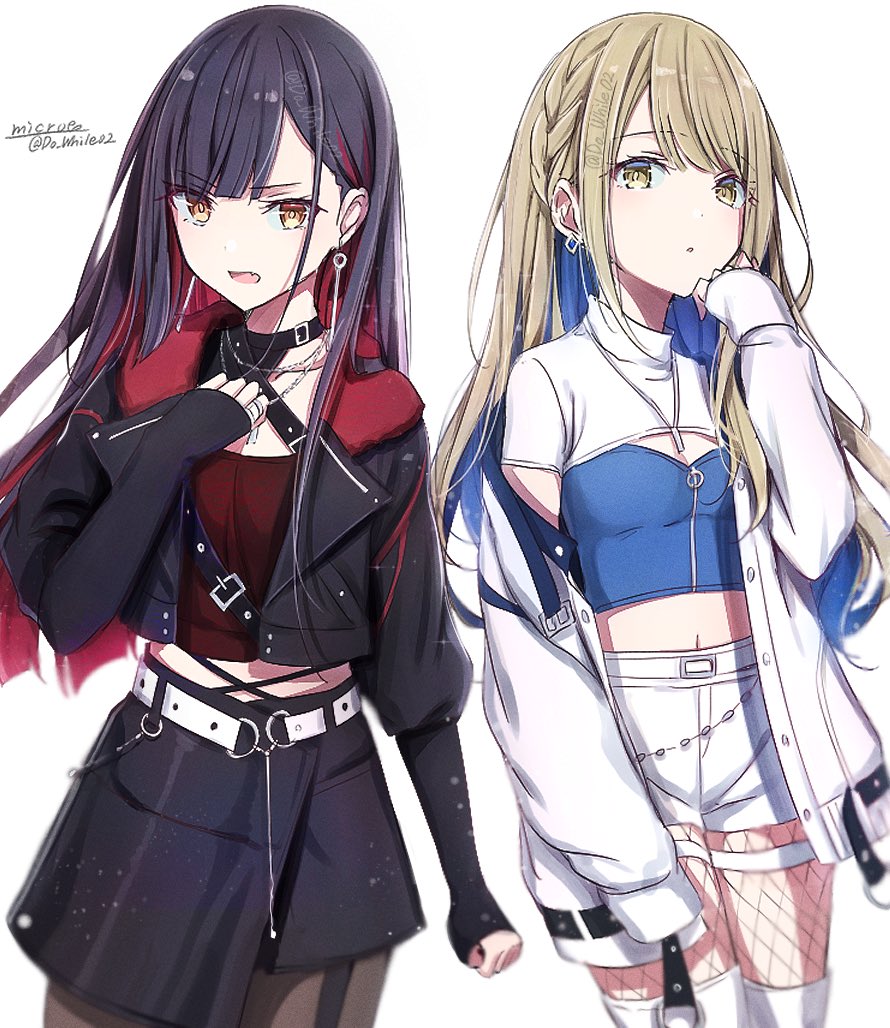 2girls azusawa_kohane belt black_hair black_jacket black_pantyhose black_skirt blue_hair blue_shirt braid breasts cleavage colored_inner_hair commentary_request crop_top do_while02 earrings fang fishnets french_braid hand_up jacket jewelry light_brown_hair long_hair long_sleeves looking_at_viewer midriff multicolored_hair multiple_girls navel official_alternate_costume open_clothes open_jacket open_mouth pantyhose parted_lips project_sekai red_hair red_shirt shiraishi_an shirt shorts skirt sleeves_past_wrists small_breasts thighhighs twitter_username two-tone_hair whip_the_wimp_girl!!_(project_sekai) white_background white_belt white_jacket white_shorts white_thighhighs
