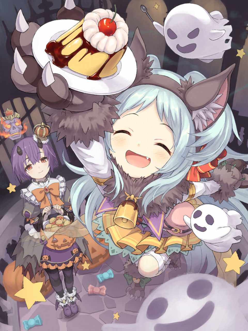 2girls animal_ear_fluff animal_ears animal_hands bandaged_leg bandages bell black_legwear blue_hair bow broken_horn cherry closed_eyes crown dress fake_animal_ears fang fire flaming_skull floating_skull food frilled_dress frills fruit fur_trim fuyu_no_kareha gloves hair_between_eyes halloween highres horns jack-o&#039;-lantern long_hair long_sleeves mini_crown miyako_(halloween)_(princess_connect!) miyako_(princess_connect!) mole mole_under_eye multiple_girls open_mouth orange_bow pantyhose paw_gloves paw_shoes plate princess_connect! pudding puffy_short_sleeves puffy_sleeves purple_hair red_eyes shinobu_(halloween)_(princess_connect!) shinobu_(princess_connect!) shoes short_hair short_sleeves skull smile spoon star_(symbol) striped_clothes striped_legwear striped_pantyhose two-tone_footwear two_side_up wolf_ears