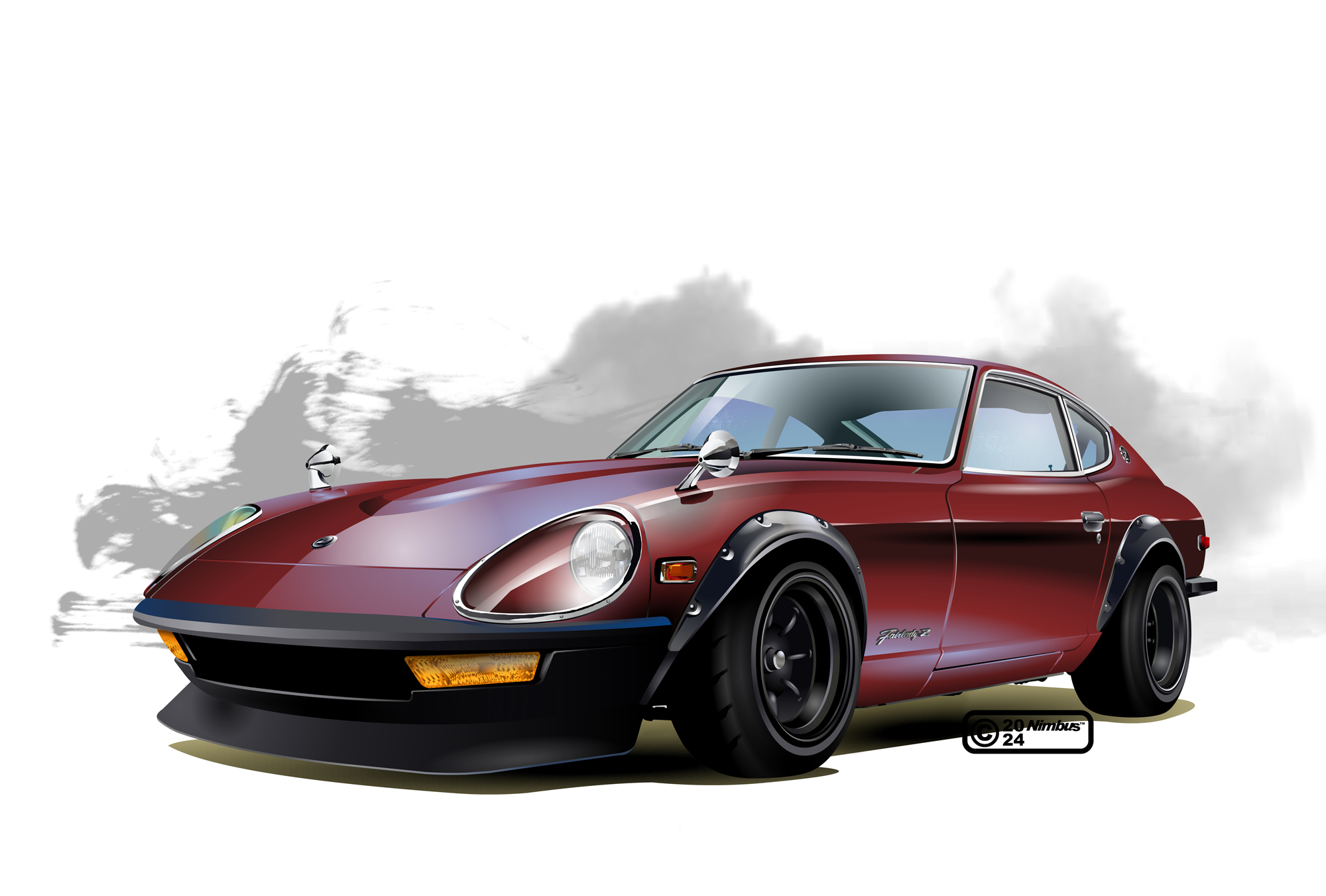 2024 artist_name car commentary_request datsun_240z grey_background highres motor_vehicle nimbus_goldbrum nissan_fairlady_z no_humans original red_car two-tone_background vehicle_focus white_background