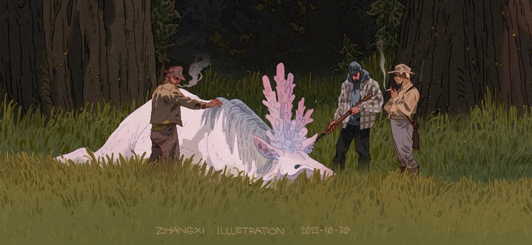3boys animal_focus artist_name baggy_clothes baggy_pants beanie beard black_eyes blonde_hair blue_headwear blue_hoodie blush brown_jacket checkered_clothes cigarette commentary cowboy_hat dated dead_animal english_commentary english_text facial_hair full_body giant_tree grass hat highres holding holding_cigarette hood hoodie hunter hunting hunting_rifle jacket looking_at_animal lying mature_female monster multiple_boys nose_blush open_mouth original outdoors pants plaid redwoods sapling short_hair smile smoke smoking standing teeth tree xi_zhang