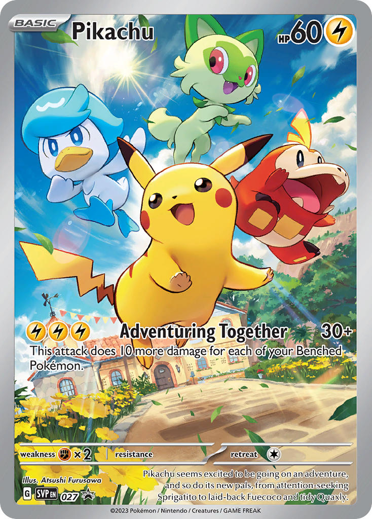 animal_focus artist_name blanco026 blue_eyes blue_sky bright_pupils card_(medium) cat character_name closed_mouth cloud company_name copyright_name copyright_notice day door english_text fangs flower fuecoco gen_1_pokemon house in-universe_location leaf midair nintendo no_humans nostrils official_art open_mouth outdoors path pikachu pokemon pokemon_(creature) pokemon_card pokemon_focus pokemon_sv pokemon_tcg quaxly red_eyes road sky smile sprigatito starter_pokemon_trio sun sunlight teeth third-party_source trading_card tree white_pupils window yellow_flower