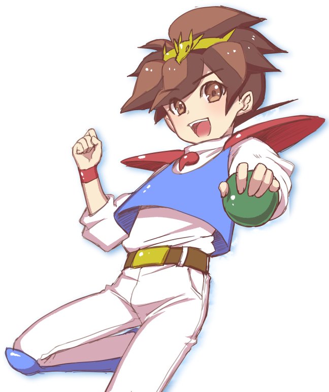 1boy armor brown_eyes brown_hair ikusabe_wataru male_focus mashin_eiyuuden_wataru open_mouth pants pauldrons short_hair shoulder_armor simple_background smile solo standing standing_on_one_leg tamara white_background white_pants wristband