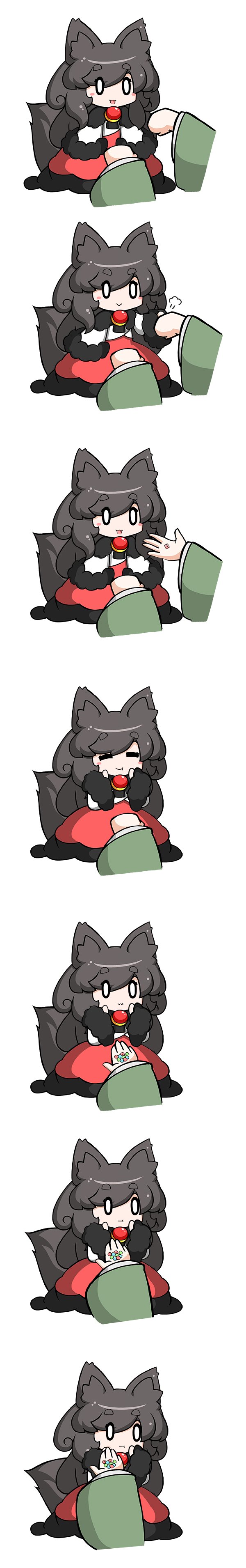 1girl 1other absurdres animal_ears black_hair blush_stickers brooch chibi dress edowan highres imaizumi_kagerou jewelry long_hair long_image long_sleeves o_o open_mouth simple_background solo_focus tail tall_image touhou white_background wolf_ears wolf_tail