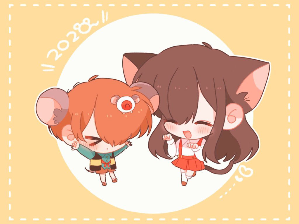 &gt;_&lt; 1boy 1girl animal_ears apukoma brown_hair cat_ears cat_girl cat_tail chibi chibi_only closed_eyes gegege_no_kitarou green_shirt hair_over_one_eye hakaba_kitarou kitarou long_sleeves medama_oyaji mouse_boy mouse_ears mouse_tail neko_(hakaba_kitarou) paw_pose red_footwear red_skirt sandals shirt short_hair skirt socks striped_clothes striped_vest suspenders tail vest white_shirt white_socks