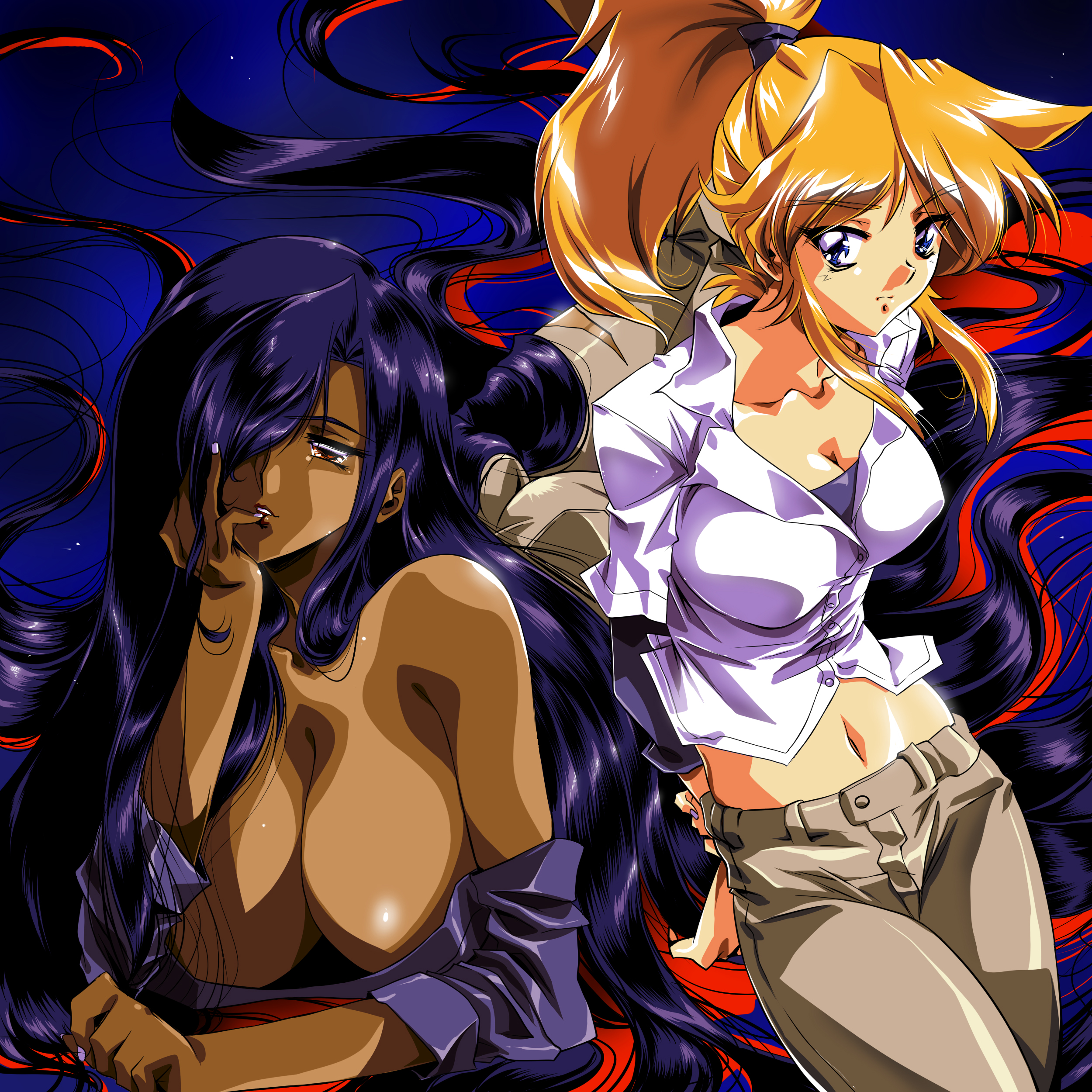 1980s_(style) 2girls absurdres arm_behind_back ass black_hair blonde_hair blue_eyes breasts brown_eyes brown_pants cleavage collared_shirt colored_inner_hair commentary commission dark-skinned_female dark_skin dual_persona english_commentary hair_behind_ear hair_over_one_eye hand_on_own_chest highres hinomars19 holding_own_arm huge_breasts large_breasts long_hair looking_to_the_side multicolored_hair multiple_girls off-shoulder_shirt off_shoulder oldschool original pants parted_lips ponytail purple_shirt red_hair retro_artstyle second-party_source shirt very_long_hair white_shirt