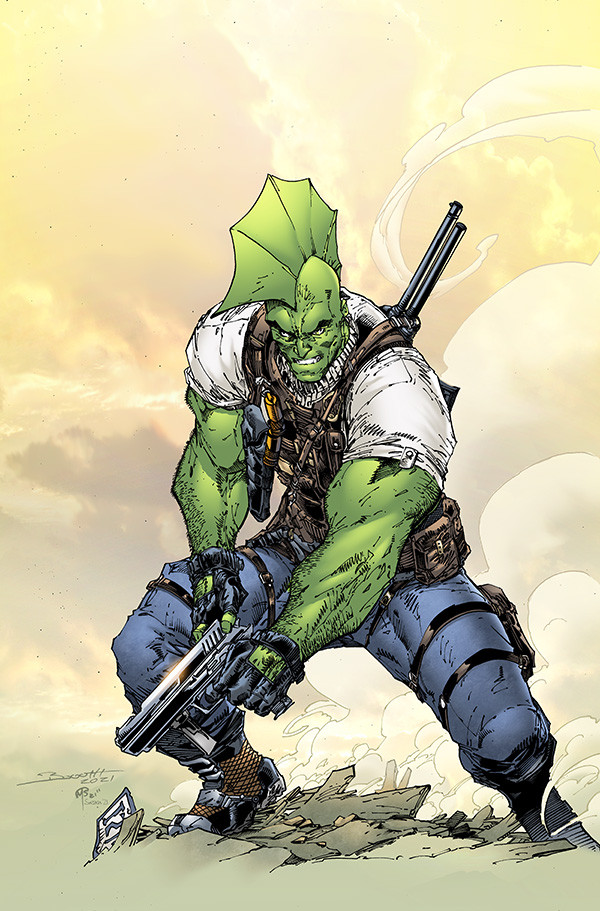 1boy artist_name bald belt_pouch black_boots black_gloves blue_pants boots brett_booth cloud colored_skin dated dust fingerless_gloves fins gloves green_skin grin gun head_fins holding holding_gun holding_weapon holster holstered image_comics male_focus matt_seaborne muscular muscular_male outdoors pants peter_sheppley pouch savage_dragon_(image) sean_ellery shirt short_sleeves sky smile solo thigh_holster utility_vest vest weapon white_shirt yellow_sky