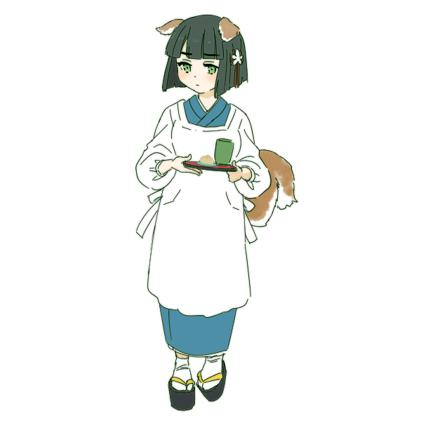 1girl alternate_costume animal_ears apron black_hair black_sandals blue_kimono blunt_bangs blunt_ends closed_mouth commentary_request cup dog_ears dog_girl dog_tail expressionless flower flower_knot food full_body green_eyes hair_flower hair_ornament holding holding_tray japanese_clothes kappougi kemonomimi_mode kimono kurikinton_(food) light_blush link!_like!_love_live! long_sleeves looking_at_viewer love_live! momose_ginko momose_ginko_(summer_casual) okobo osechi platform_sandals puffy_long_sleeves puffy_sleeves revision sandals shinanoya_(satanicad) short_hair simple_background socks solo standing tachi-e tail tray virtual_youtuber wagashi white_background white_flower white_socks yunomi