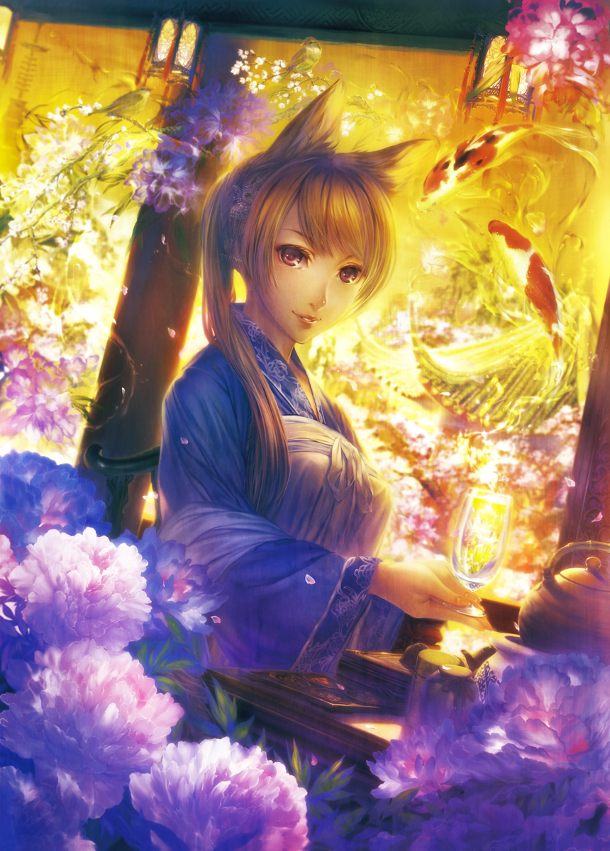 1girl animal_ears bad_id bad_pixiv_id bird blonde_hair branch chair chinese_clothes dutch_angle female_focus field fish flower flower_field fox_ears glass glasses hair_ornament highres japanese_clothes koi lantern light_smile lips original paper_lantern pink_eyes ponytail pot red_eyes simosi solo table teapot