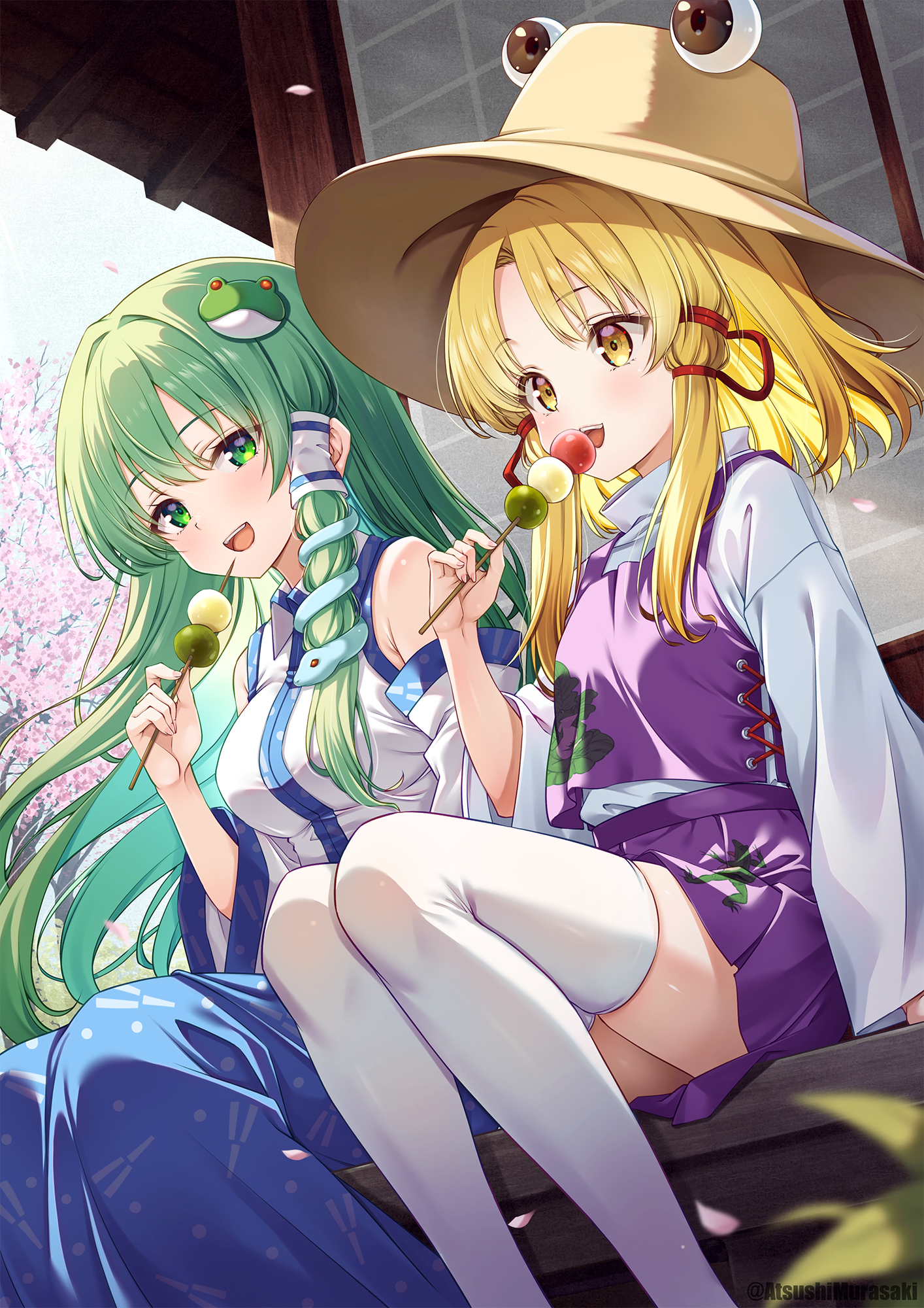 2girls :d animal_print bare_shoulders blonde_hair blue_skirt breasts brown_hat cherry_blossoms collared_shirt commentary_request dango eating falling_petals food frog_hair_ornament frog_print green_eyes green_hair hair_ornament hair_ribbon hair_tubes hat highres holding holding_food kochiya_sanae long_hair long_sleeves medium_breasts moriya_suwako multiple_girls murasaki_atsushi open_mouth outdoors petals purple_skirt red_ribbon ribbon sanshoku_dango shirt sitting skirt sleeveless sleeveless_shirt small_breasts smile snake_hair_ornament thighhighs touhou tree tress_ribbon wagashi white_shirt white_thighhighs wide_sleeves