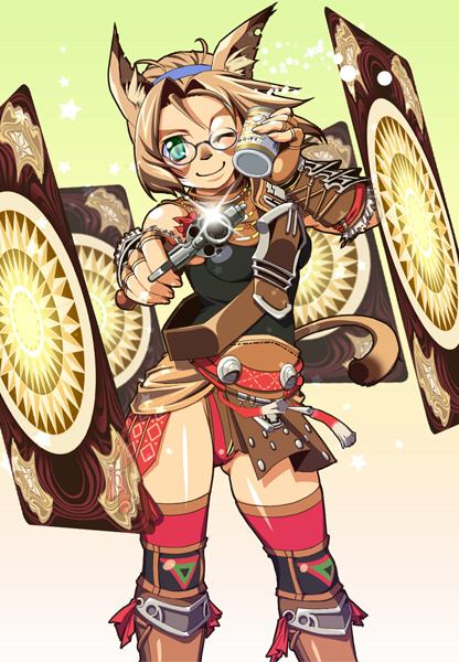 00s 1girl alcohol animal_ears beer card corsair corsair_(final_fantasy) female_focus final_fantasy final_fantasy_xi floating_card glasses gun handgun headband katy_(artist) mithra_(ff11) one_eye_closed revolver solo tail thighhighs weapon wink