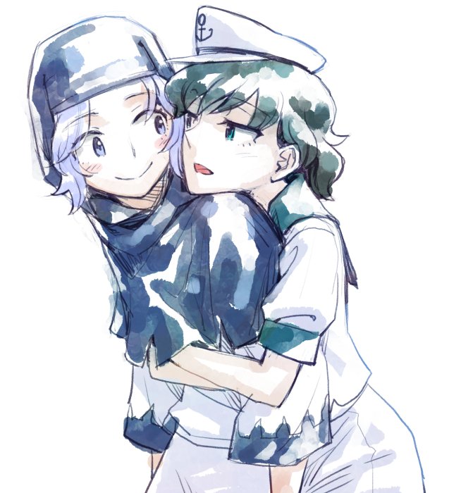 2girls black_hair green_eyes hat hood hug hug_from_behind kesa kumoi_ichirin light_purple_hair looking_at_another meimaru_inuchiyo multiple_girls murasa_minamitsu purple_eyes purple_hair sailor_collar santa_hat short_hair smile touhou white_background yuri