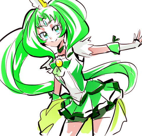 10s 1girl biho_(tsuinku) bike_shorts bike_shorts_under_skirt bow bowtie brooch choker circlet cure_march female_focus fingerless_gloves gloves green_bow green_bowtie green_eyes green_hair green_shorts green_skirt green_theme high_ponytail jewelry long_hair lowres magical_girl matching_hair/eyes midorikawa_nao ponytail precure shorts shorts_under_skirt skirt smile smile_precure! solo tri_tails very_long_hair white_background
