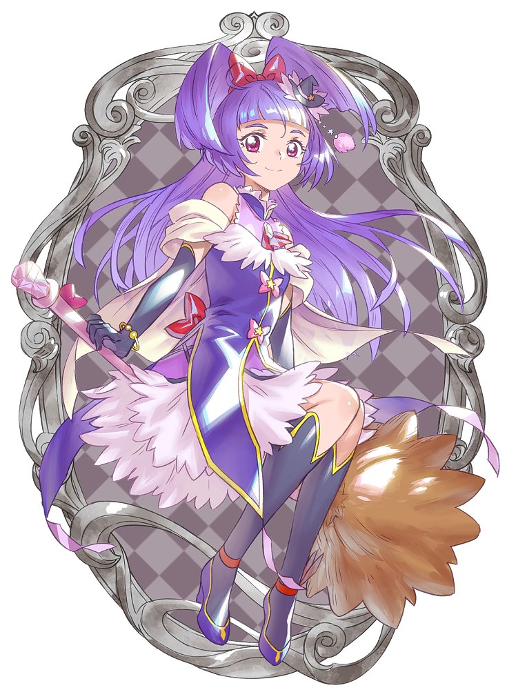 ahoge black_gloves black_socks blunt_bangs bracelet broom broom_riding cure_magical diamond-shaped_brooch dress flats gloves hat jewelry light_smile mahou_girls_precure! mini_hat mirror murakami_hisashi pink_eyes pink_ribbon precure red_ribbon ribbon socks star_(symbol) witch_hat