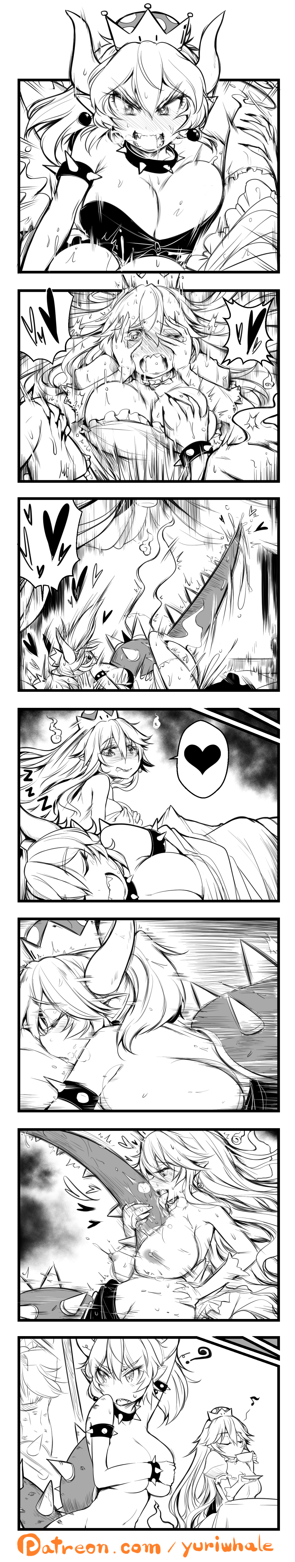 2girls absurdres armlet borrowed_design bowsette bracelet breasts collar comic covering_breasts covering_privates crown dress greyscale groping heart heart-shaped_pupils hickey highres horns jewelry long_image luigi&#039;s_mansion mario_(series) monochrome multiple_girls new_super_mario_bros._u_deluxe nintendo princess_king_boo shaded_face sharp_teeth sleep_molestation spiked_armlet spiked_bracelet spiked_collar spiked_shell spiked_tail spikes strapless strapless_dress super_crown symbol-shaped_pupils tail tailjob tall_image tea teeth turtle_shell yuri yuriwhale