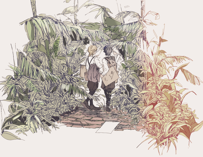 2boys black_hair blonde_hair dio_brando from_behind jojo_no_kimyou_na_bouken jonathan_joestar male_focus motunikomi multiple_boys muted_color phantom_blood plant scenery walking