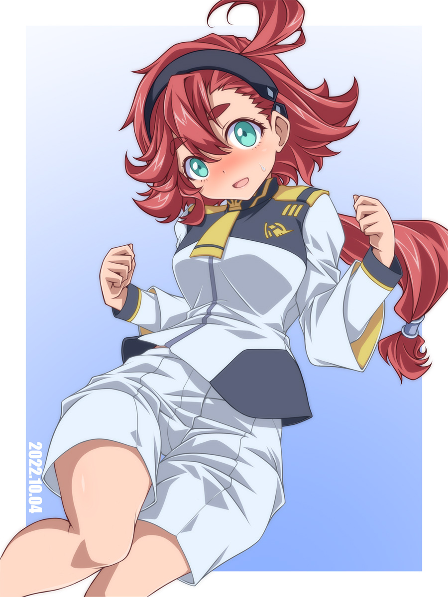 1girl ahoge black_hairband blue_background blue_eyes blush commentary_request dated gradient_background gundam gundam_suisei_no_majo hair_tie hairband highres jacket kikuchi_tsutomu layered_sleeves long_hair long_sleeves looking_at_viewer low-tied_long_hair low_ponytail open_mouth ponytail red_hair short_over_long_sleeves short_sleeves shorts smile solo standing suletta_mercury sweatdrop thick_eyebrows thigh_gap w_arms white_jacket white_shorts