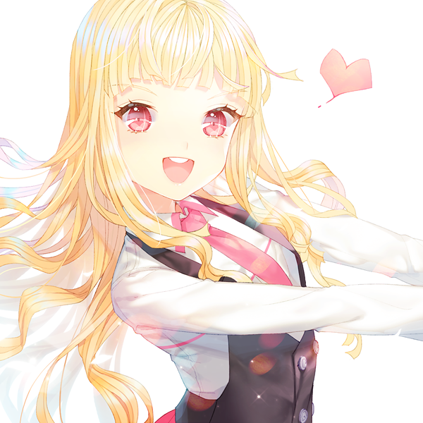 1girl :d blonde_hair blurry bokeh buttons depth_of_field female_focus heart long_hair long_sleeves looking_at_viewer necktie open_mouth original pink_necktie red_eyes saban shirt smile solo teeth upper_body very_long_hair vest white_background white_shirt