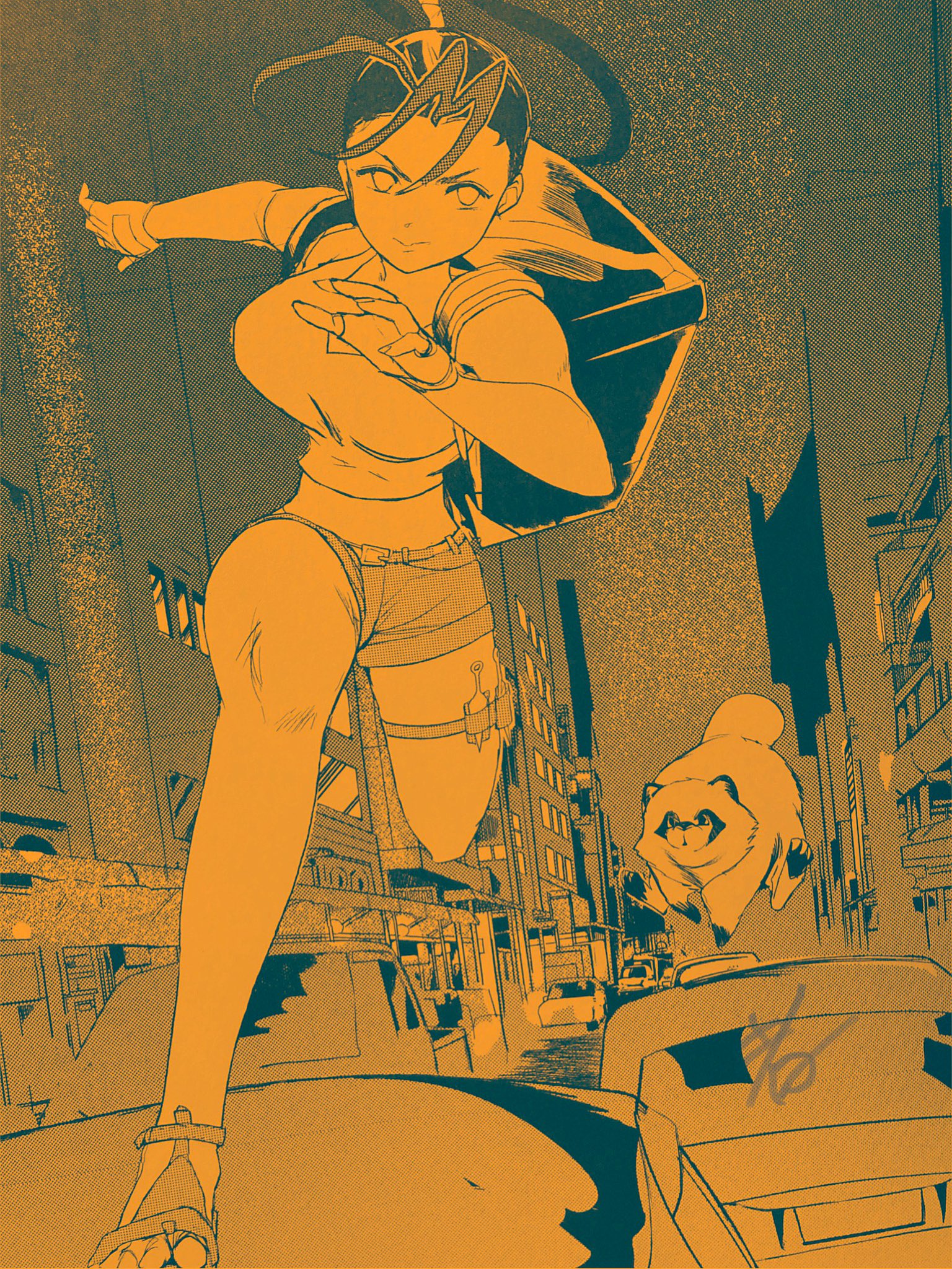 antenna_hair backpack bag breasts city city_lights cityscape don_(street_fighter) fingerless_gloves fingernails gloves highres hiroshi_mono ibuki_(street_fighter) jumping kunai large_breasts on_vehicle ponytail running sandals short_shorts shorts street_fighter tank_top thigh_strap vehicle_focus weapon