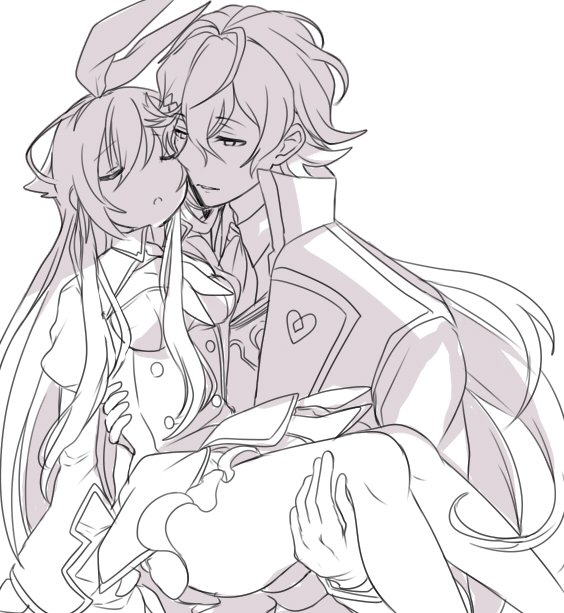1boy 1girl alice_(grimms_notes) alice_(original)_(grimms_notes) carrying carrying_person grimms_notes lewis_carroll_(grimms_notes) lewis_carroll_(original)_(grimms_notes) retsuto source_request thighhighs thighs unfinished upper_body