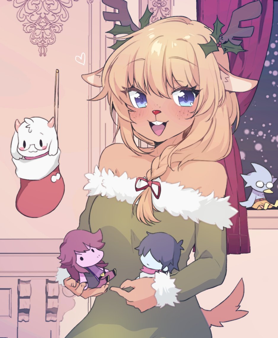 1girl :d alternate_costume alternate_hairstyle animal_ears antlers bare_shoulders berdly_(deltarune) blonde_hair blue_eyes braid breasts brown_tail buck_teeth character_doll christmas_stocking commentary commentary_request commentary_typo commission curtains deer_antlers deer_ears deer_girl deer_tail deltarune doll dress english_commentary fingernails freckles fur-trimmed_dress fur-trimmed_sleeves fur_trim green_dress hair_between_eyes hair_ornament hair_over_shoulder hair_ribbon heart holding holding_doll horns indoors komugiko_(bitte_komu) kris_(deltarune) long_hair looking_at_viewer medium_breasts mixed-language_commentary night noelle_holiday open_mouth ralsei red_ribbon ribbon santa_costume santa_dress single_braid smile snowing solo strapless strapless_dress susie_(deltarune) tail teeth tongue upper_body upper_teeth_only window