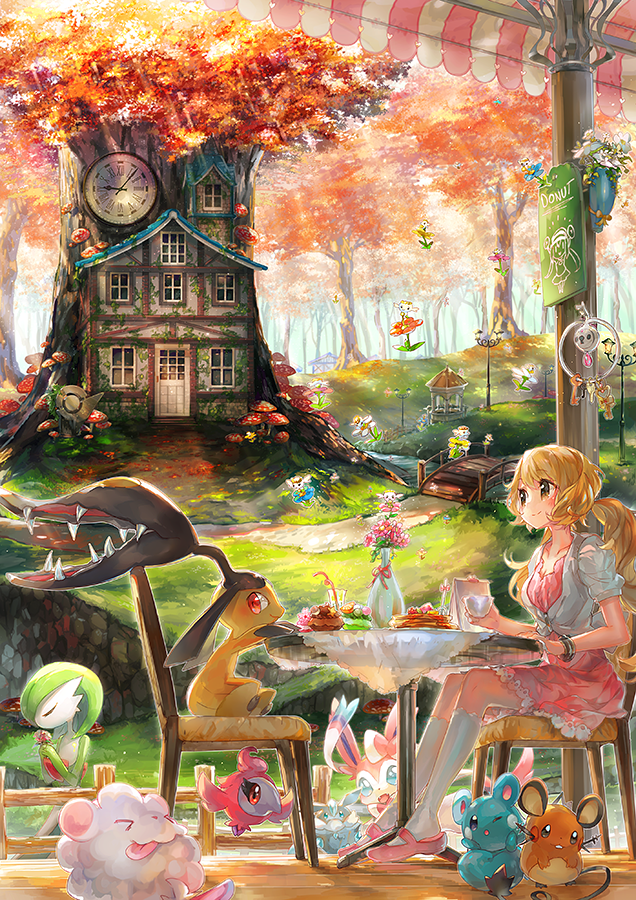 10s 1girl alternate_costume autumn_leaves azurill bad_id bad_pixiv_id blonde_hair bracelet bridge carbink dedenne dress flabebe flabebe_(blue_flower) flabebe_(orange_flower) flabebe_(red_flower) flabebe_(white_flower) flabebe_(yellow_flower) flower gardevoir gen_3_pokemon gen_6_pokemon gym jewelry klefki kneehighs leaf long_hair mawile mushroom namie-kun nintendo outdoors pokemon pokemon_(creature) pokemon_bw2 pokemon_xy rosa_(pokemon) scenery serena_(pokemon) sitting smile socks spritzee swirlix sylveon twintails white_socks