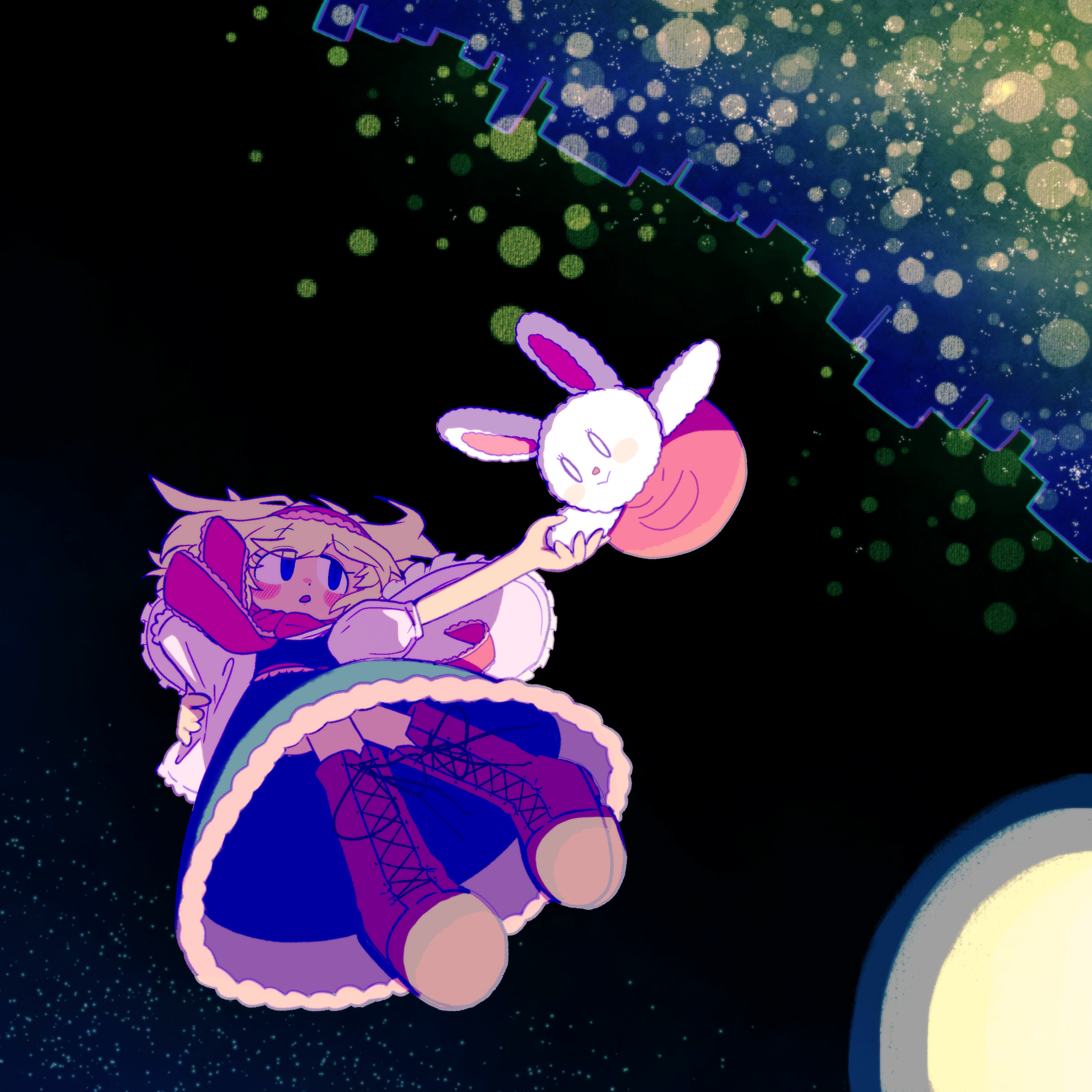 1girl absurdres alice_margatroid blonde_hair blue_dress blurry blush bokeh boots brown_boots capelet city closed_mouth commentary_request cookie_(touhou) depth_of_field dress fluffy_fluffy_rabbit-chan frilled_necktie from_below full_body fur-trimmed_dress fur_trim hairband highres ichigo_(cookie) muimui_(4242564muimui) necktie open_mouth pink_hairband pink_necktie shirt short_hair sleeveless sleeveless_dress smile solo stuffed_animal stuffed_rabbit stuffed_toy touhou white_capelet white_shirt