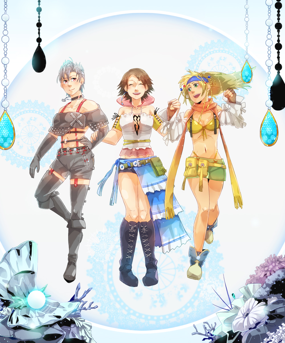 00s 3girls bikini blonde_hair braid breasts brown_hair final_fantasy final_fantasy_x final_fantasy_x-2 gloves green_eyes hair_ornament headband highres long_hair multiple_girls paine paine_(ff10) rikku_(ff10) scarf short_hair silver_hair smile swimsuit sword weapon yomugi yuna yuna_(ff10)